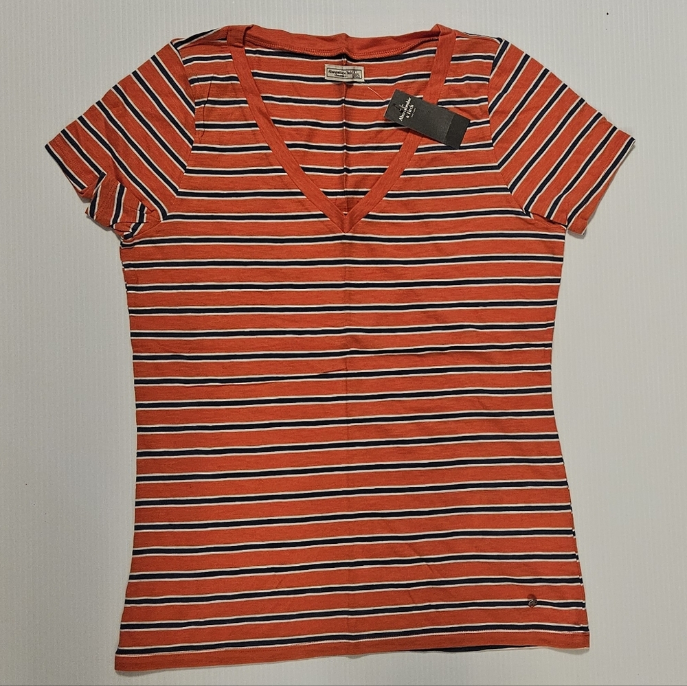 Striped V-Neck T-Shirt - Orange and White